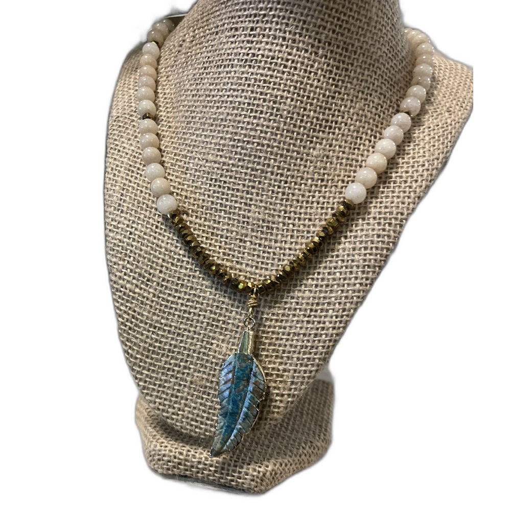 Elegant Beaded Necklace with Turquoise Blue Leaf Pendant and Gold Accents